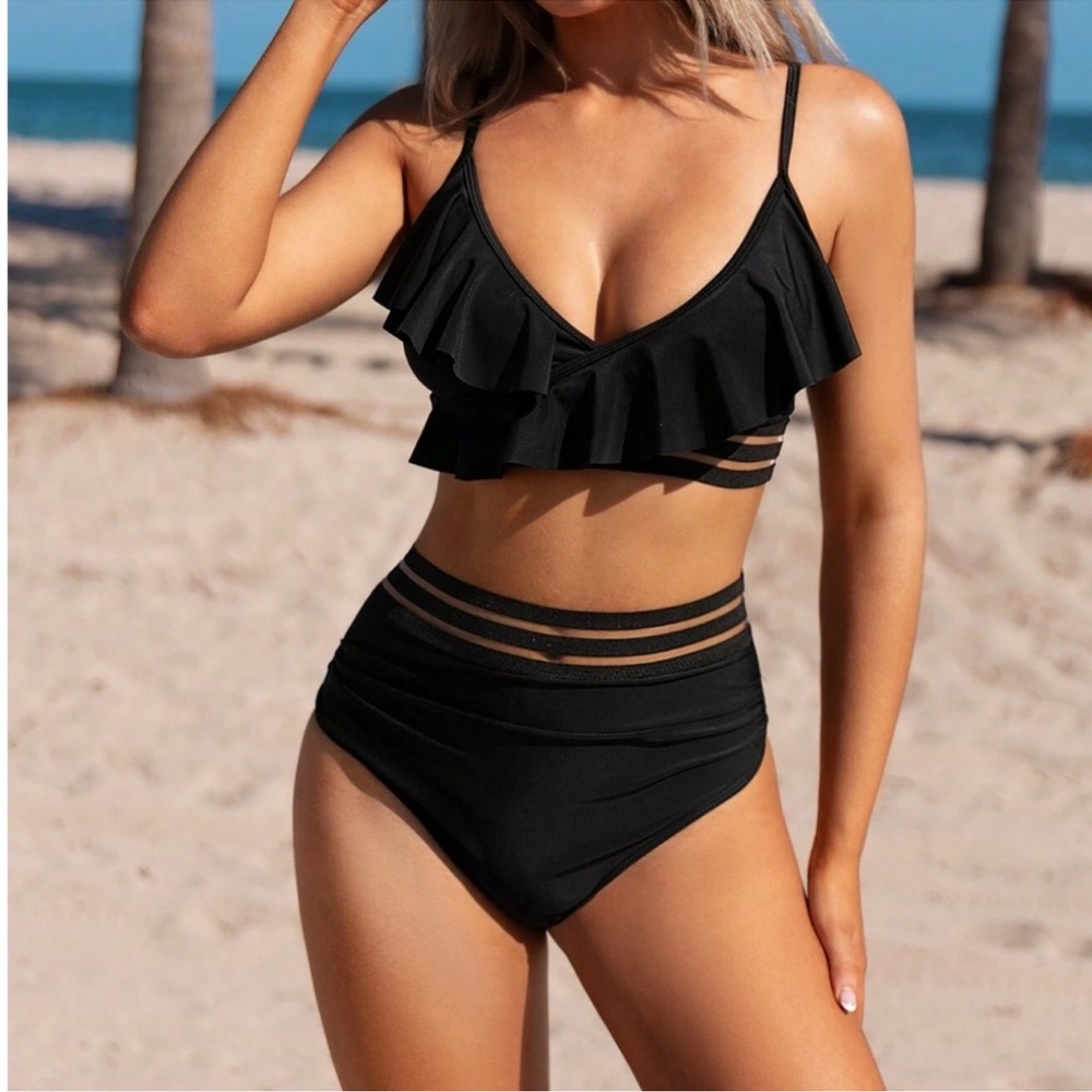 Boho Ruffle Detail High Waisted Two Piece Bikini Swimsuit XS S M L XL XXL